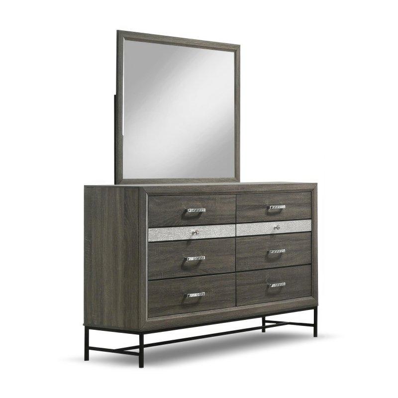 Gri Metal Ayaklı Aynalı 8 Çekmeceli Kristal Kulplu Şifonyer - 148 cm - 310119
