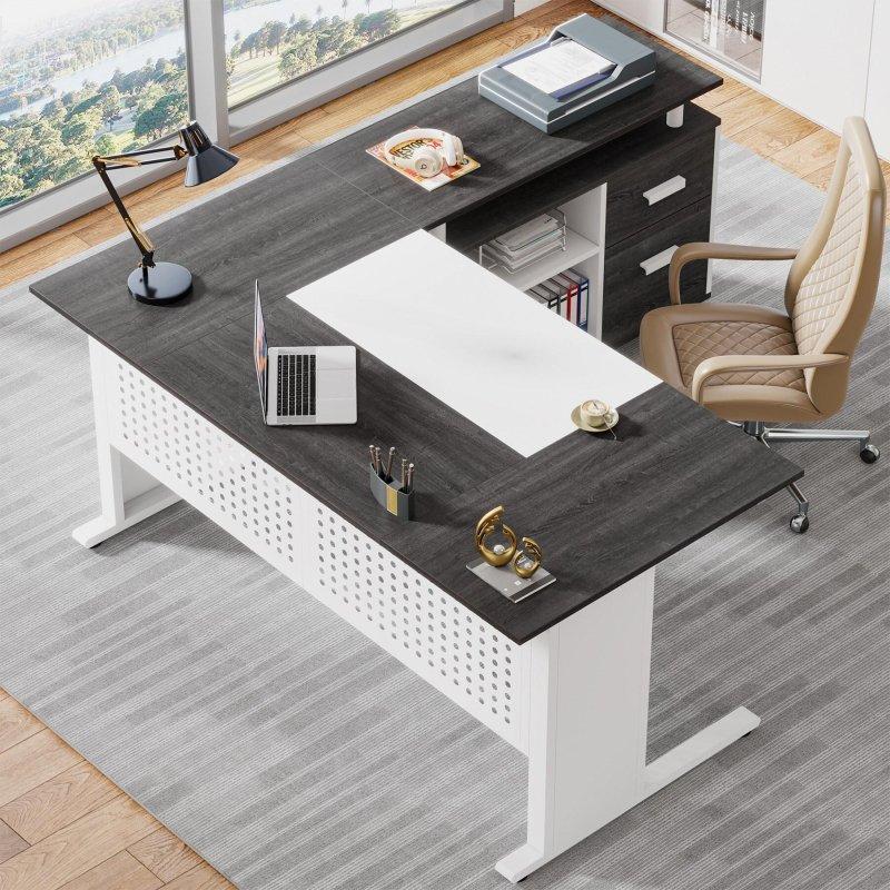 Gri Metal Çerçeveli L Tipi Dosya Dolaplı Ofis Masası - 161 cm - 326244