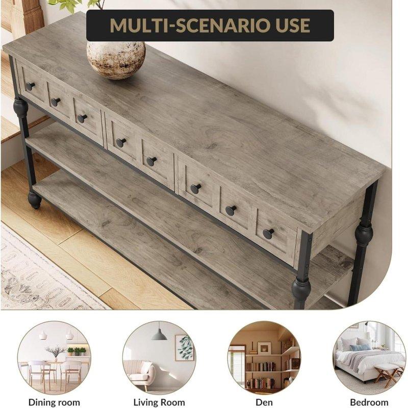 Gri Metal ve Ahşap 3 Çekmeceli 3 Raflı Endüstriyel Dresuar - 134 cm - 331044