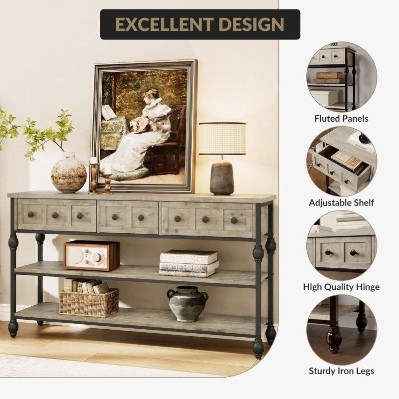 Gri Metal ve Ahşap 3 Çekmeceli 3 Raflı Endüstriyel Dresuar - 134 cm - 331044
