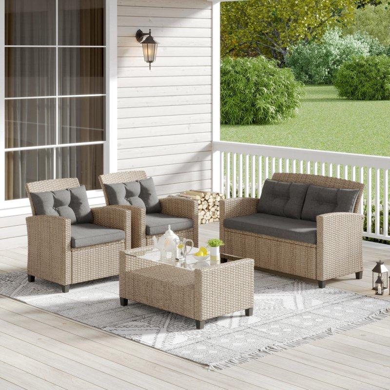 Gri Metal ve Rattan Minderli 4 Parça Bahçe Takımı - 276455