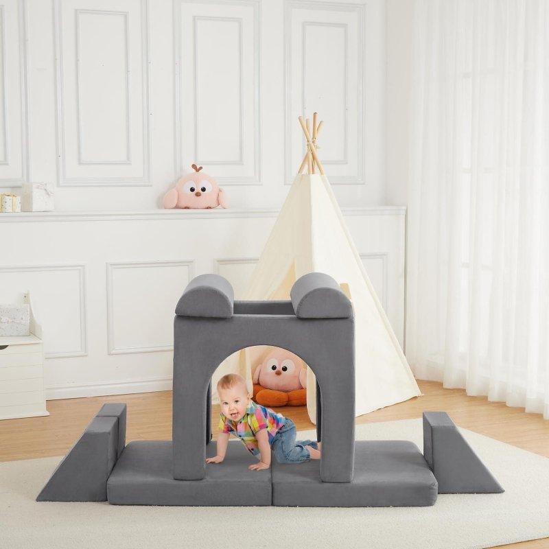 Gri Mikrosüet Modüler 10 Parça Çocuk Bohem Koltuk - 130x69x36 cm - 290944