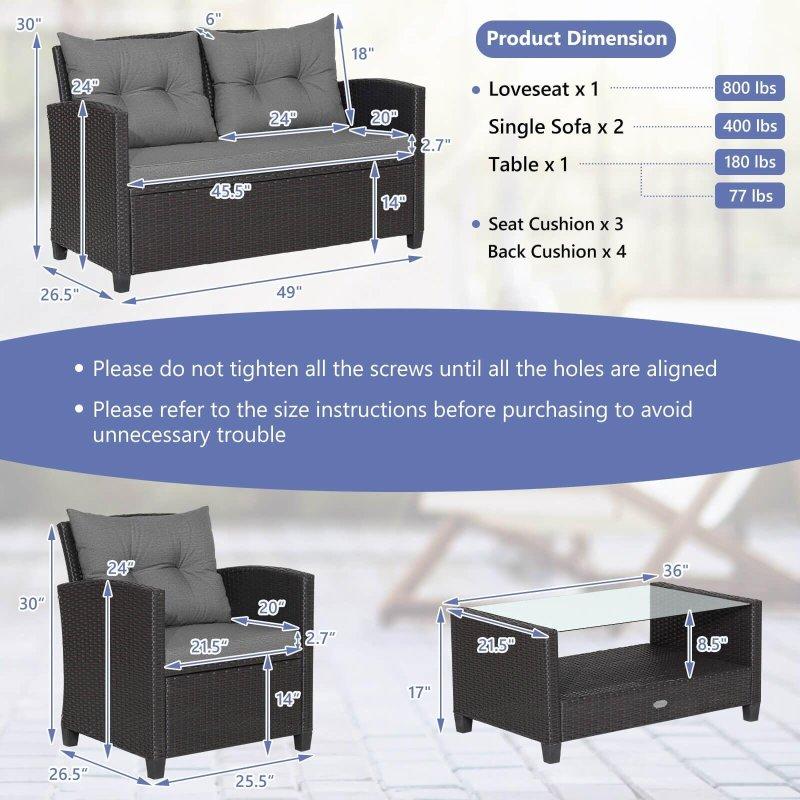 Gri Minderli Kahverengi Rattan 4 Parça Bahçe Takımı - 274016