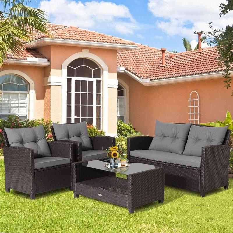 Gri Minderli Kahverengi Rattan 4 Parça Bahçe Takımı - 274016