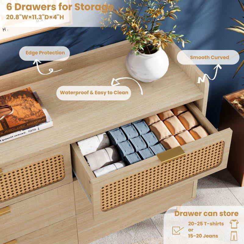 Gri Naturel Meşe Hasır 6 Çekmeceli Metal Ayaklı Şifonyer - 308430
