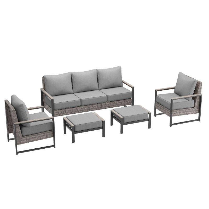 Gri PE Rattan 5 Parça Puflu Bahçe Takımı - 270733