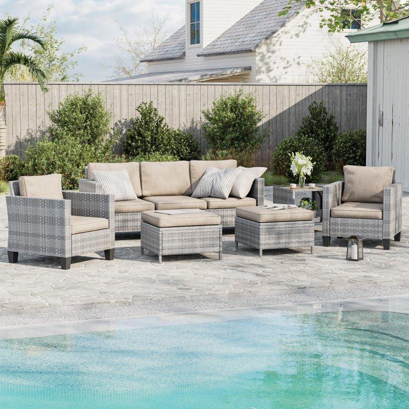 Gri PE Rattan 6 Parça 7 Kişilik Puflu Bahçe Takımı - 272795
