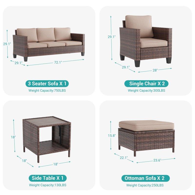 Gri PE Rattan 6 Parça 7 Kişilik Puflu Bahçe Takımı - 272795