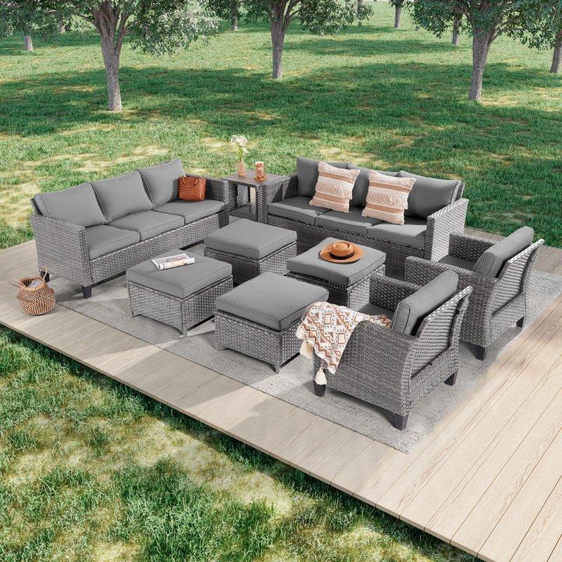 Gri PE Rattan 9 Parça Puflu Sehpalı Bahçe Takımı - 183 cm - 269881