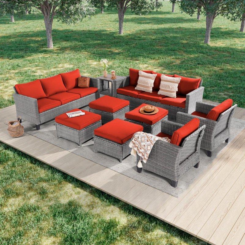 Gri PE Rattan 9 Parça Puflu Sehpalı Bahçe Takımı - 183 cm - 269881