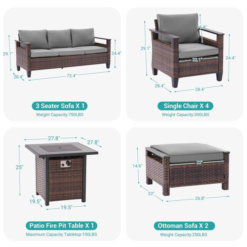 Gri PE Rattan Ateş Çukurlu ve Minderli 8 Parça Bahçe Takımı - 274053