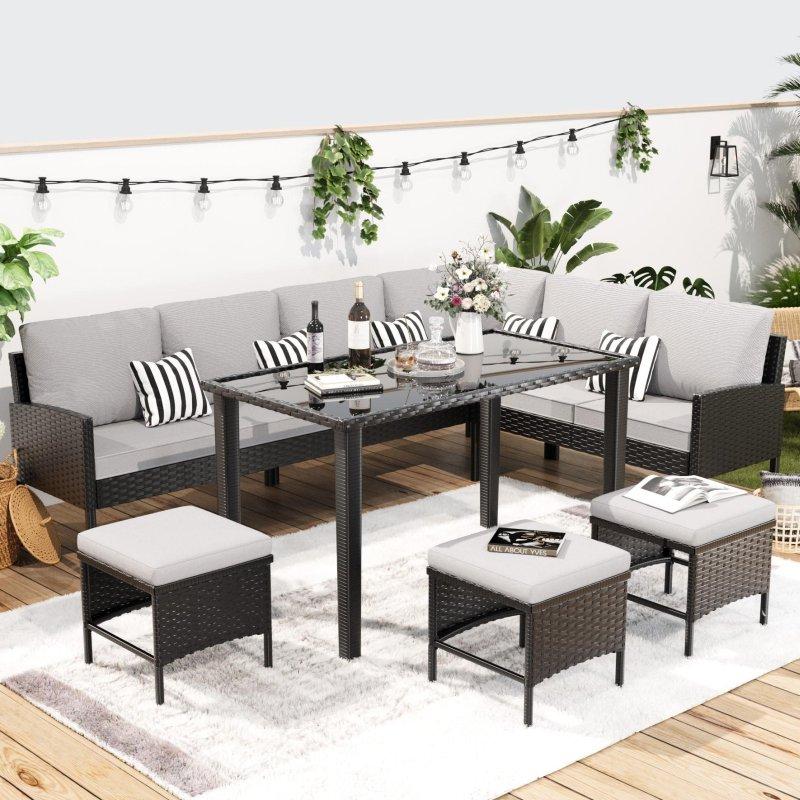 Gri PE Rattan Yüksek Sırtlı Suya Dayanıklı Minderli 7 Parça Bahçe Takımı - 271020