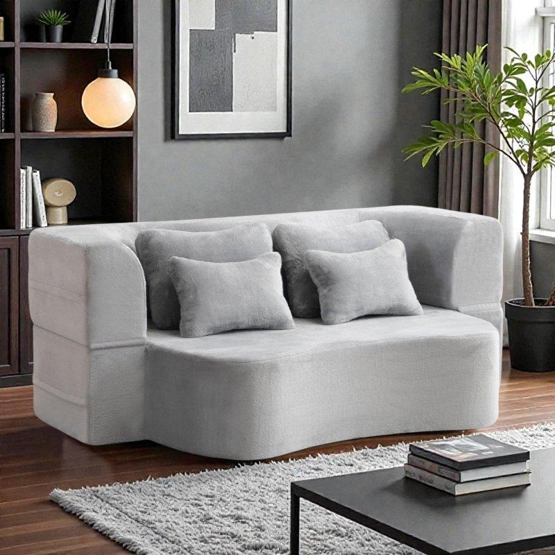 Gri Pelüş Kumaş Katlanabilir Yastıklı Bohem Koltuk - 143x204 cm - 286014