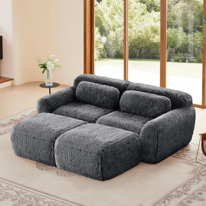 Gri Pelüş Kumaş Modüler Puf Dahil Bohem Koltuk - 284278