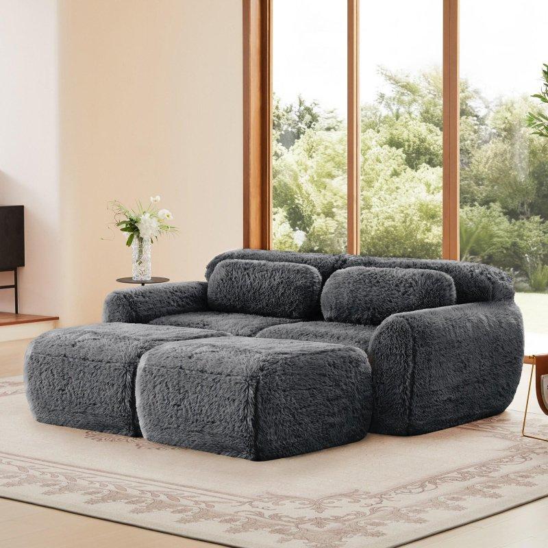 Gri Pelüş Kumaş Modüler Puf Dahil Bohem Koltuk - 284278