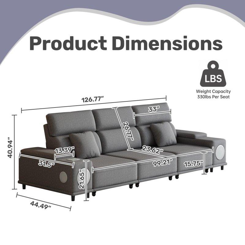 Gri Polyester Bluetooth Hoparlörlü Kablosuz Şarjlı Sıfır Yerçekimi Mekanizmalı 3 Kişilik Bohem Koltuk - 322x114 cm - 293036