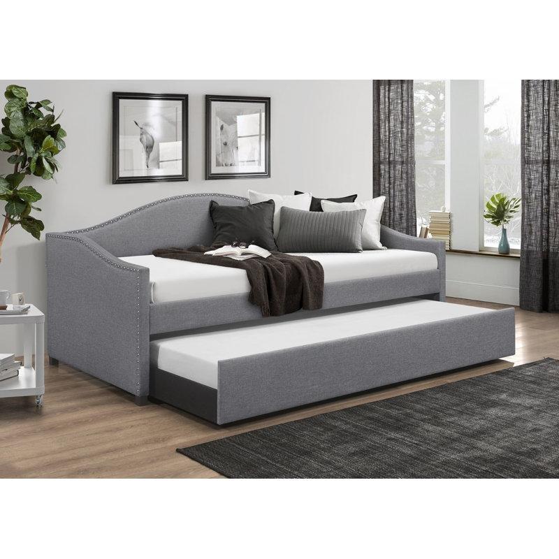 Gri Polyester Kumaş Döşemeli Zımba Detaylı Tekerlekli Yavru Yataklı Karyola - 108x209 cm - 329095