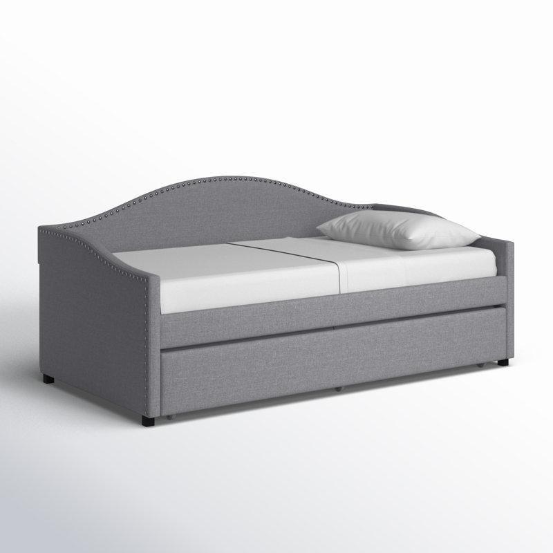 Gri Polyester Kumaş Döşemeli Zımba Detaylı Tekerlekli Yavru Yataklı Karyola - 108x209 cm - 329095