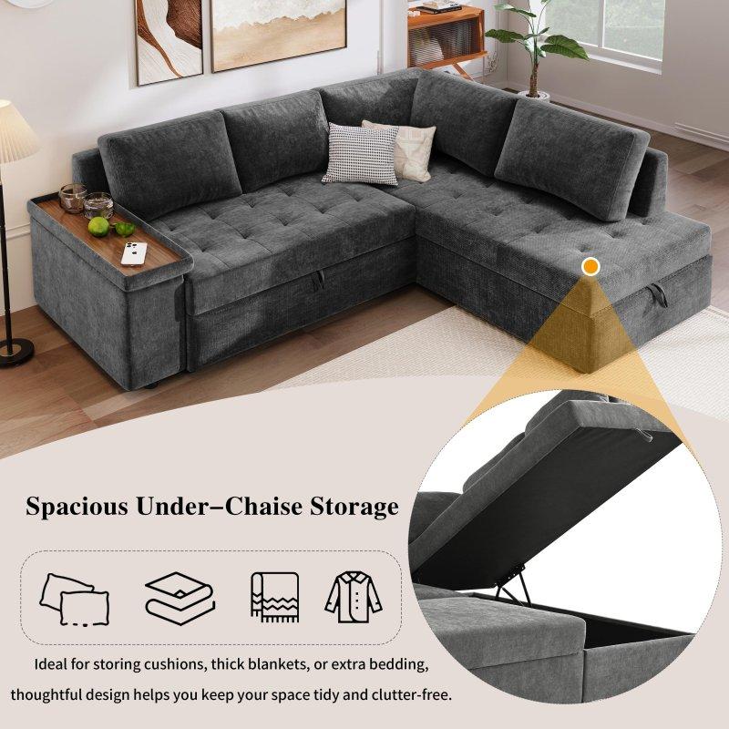 Gri Polyester Kumaş Yataklı ve Saklama Alanlı Sağ Köşe Koltuk - 233x158 cm - 260480