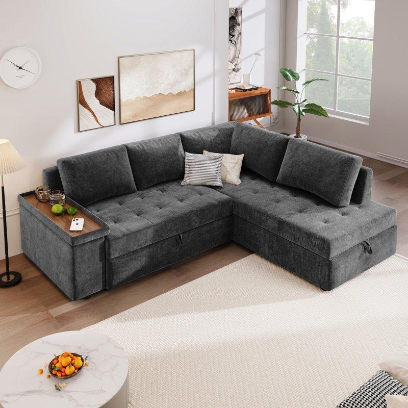Gri Polyester Kumaş Yataklı ve Saklama Alanlı Sağ Köşe Koltuk - 233x158 cm - 260480