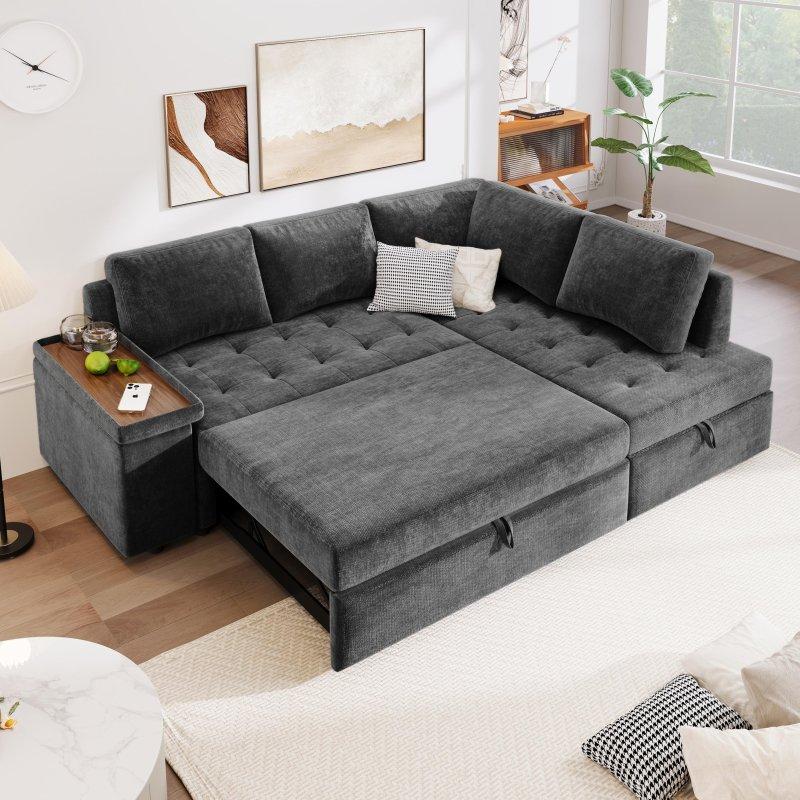 Gri Polyester Kumaş Yataklı ve Saklama Alanlı Sağ Köşe Koltuk - 233x158 cm - 260480