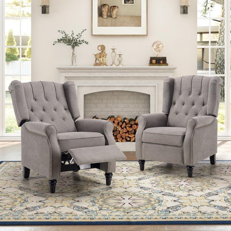 Gri Polyester Kumaş Zımbalı Kapitoneli İtme Mekanizmalı 2li Set Baba Koltuğu - 75 cm - 322571