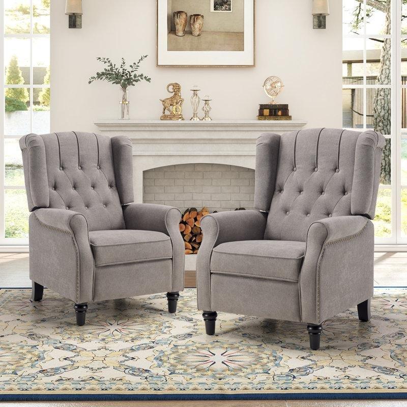 Gri Polyester Kumaş Zımbalı Kapitoneli İtme Mekanizmalı 2li Set Baba Koltuğu - 75 cm - 322571