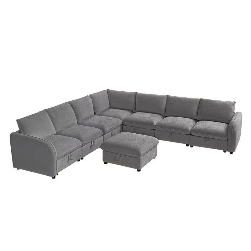 Gri Polyester Masif Ahşap Depolama Alanlı Modüler U Köşe Koltuk - 256986