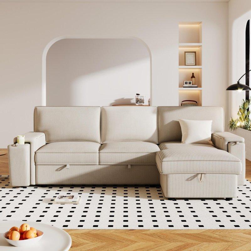 Gri Polyester Yataklı Saklama Alanlı ve Bardaklıklı L Tipi Bohem Koltuk - 245 cm - 291287
