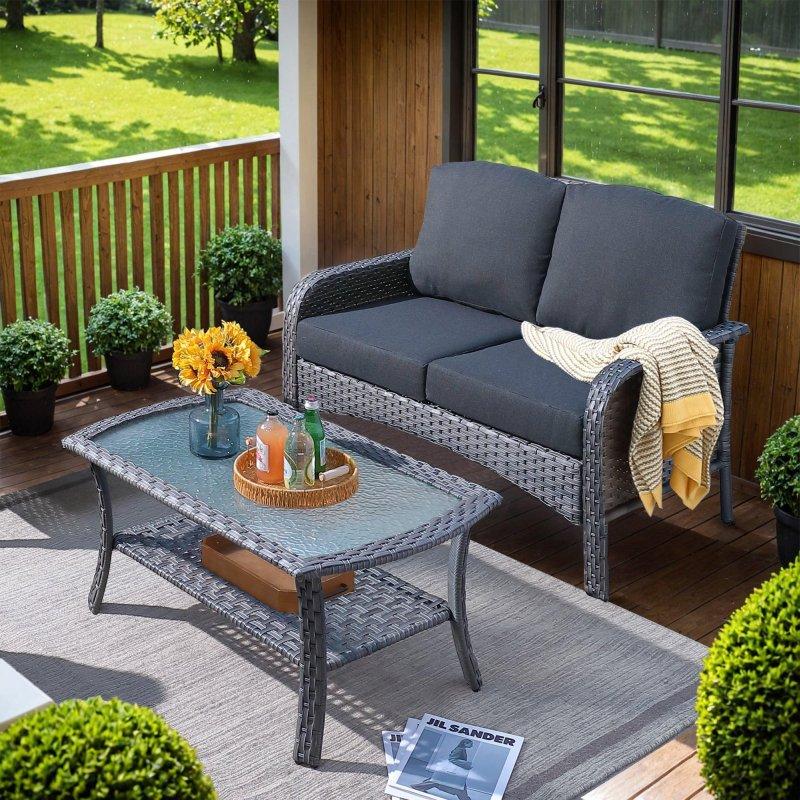 Gri Rattan 2 Parça Sehpalı Derin Oturumlu Bahçe Takımı - 274283