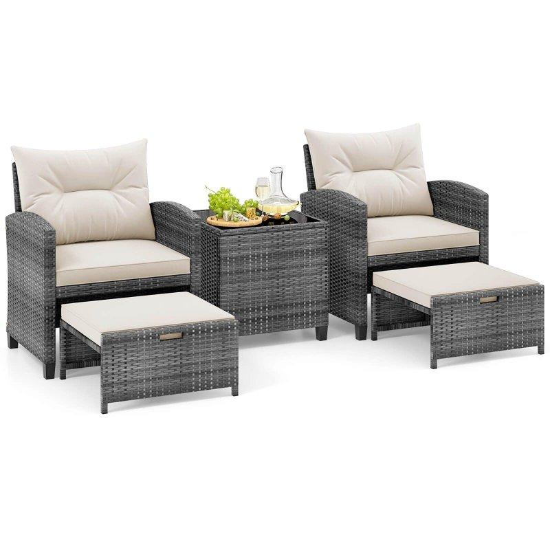 Gri Rattan 2 Puflu Temperli Camlı 5 Parça Bahçe Takımı - 267230