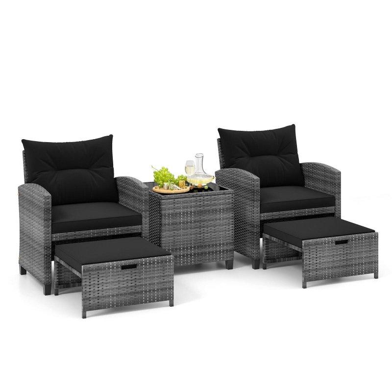 Gri Rattan 2 Puflu Temperli Camlı 5 Parça Bahçe Takımı - 267230