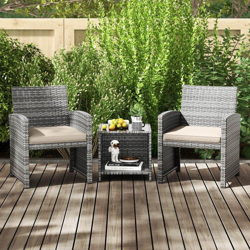 Gri Rattan 3 Parça Minderli Bahçe Takımı - 274492