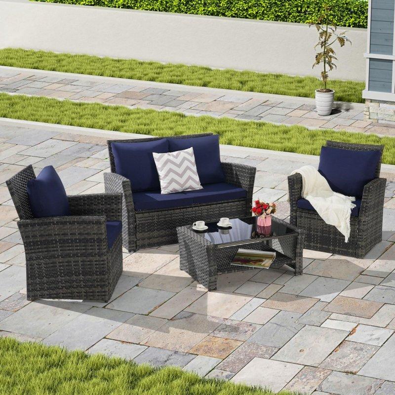 Gri Rattan 4 Parça Minderli ve Cam Tablalı Bahçe Takımı - 269101