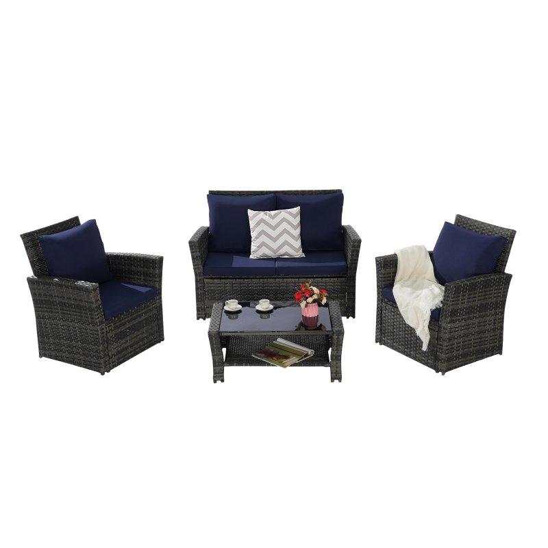 Gri Rattan 4 Parça Minderli ve Cam Tablalı Bahçe Takımı - 269101
