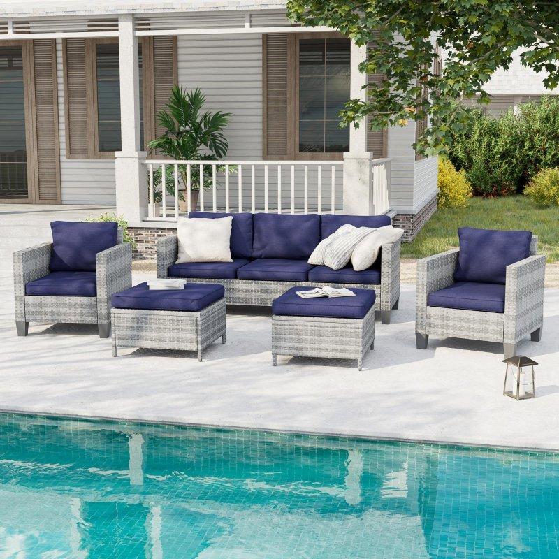 Gri Rattan 5 Parça Minderli ve Puflu Metal İskeletli Bahçe Takımı - 269848