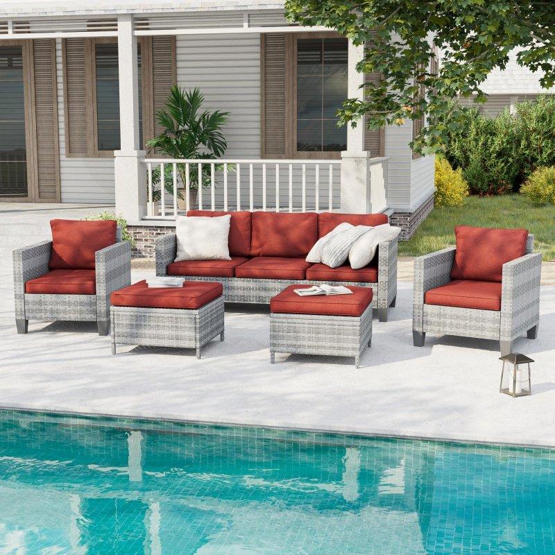 Gri Rattan 5 Parça Minderli ve Puflu Metal İskeletli Bahçe Takımı - 269848
