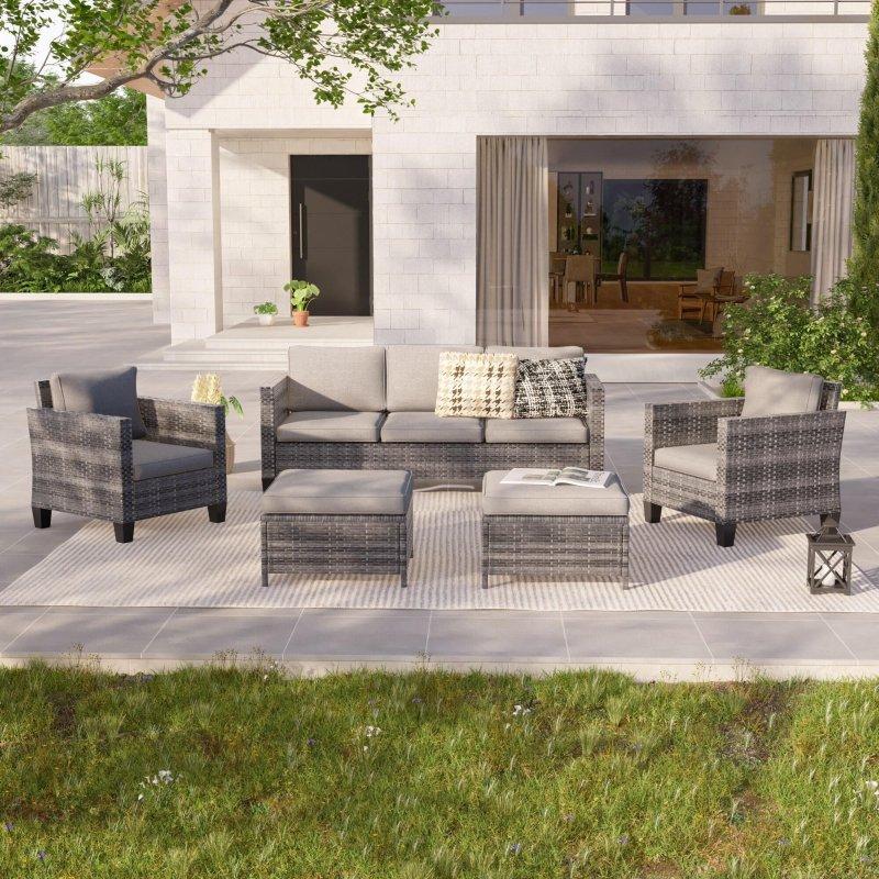 Gri Rattan 5 Parça Puflu Bahçe Takımı - 273475