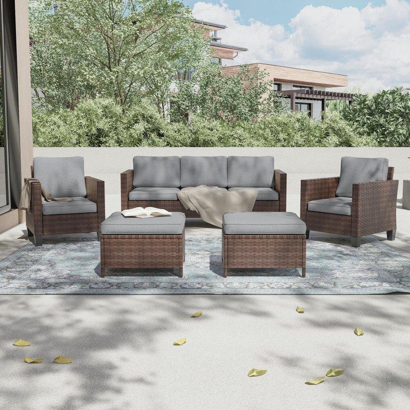 Gri Rattan 5 Parça Puflu Bahçe Takımı - 273475