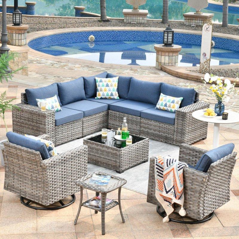 Gri Rattan 9 Parça Sallanır Sandalyeli Bahçe Takımı - 275973