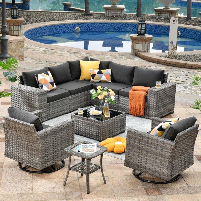 Gri Rattan 9 Parça Sallanır Sandalyeli Bahçe Takımı - 275973