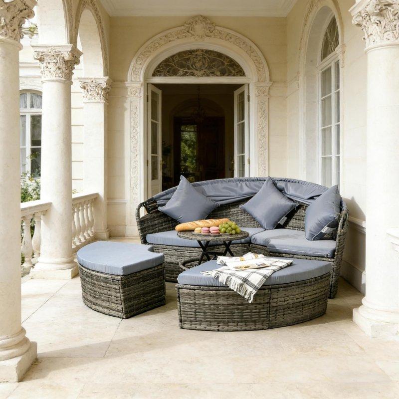 Gri Rattan Açılır Tavanlı Modüler Yuvarlak Bahçe Takımı - 176x180 cm - 272718