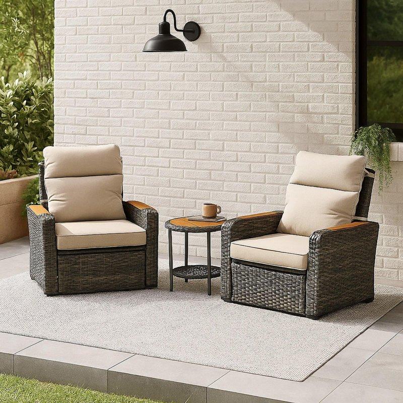 Gri Rattan Ahşap Kolçaklı Yatar Mekanizmalı 3 Parça Bahçe Takımı - 270831