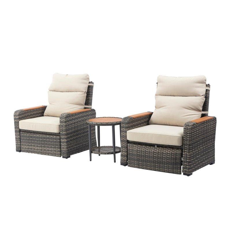 Gri Rattan Ahşap Kolçaklı Yatar Mekanizmalı 3 Parça Bahçe Takımı - 270831