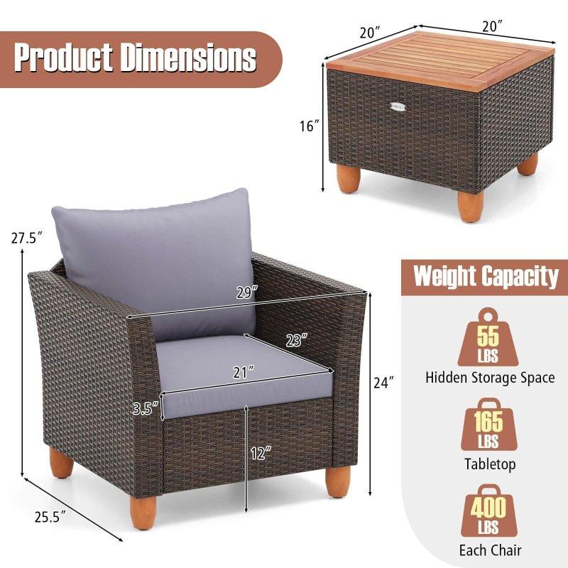 Gri Rattan Akasya Ahşap Minderli 3 Parça Bahçe Takımı - 276922