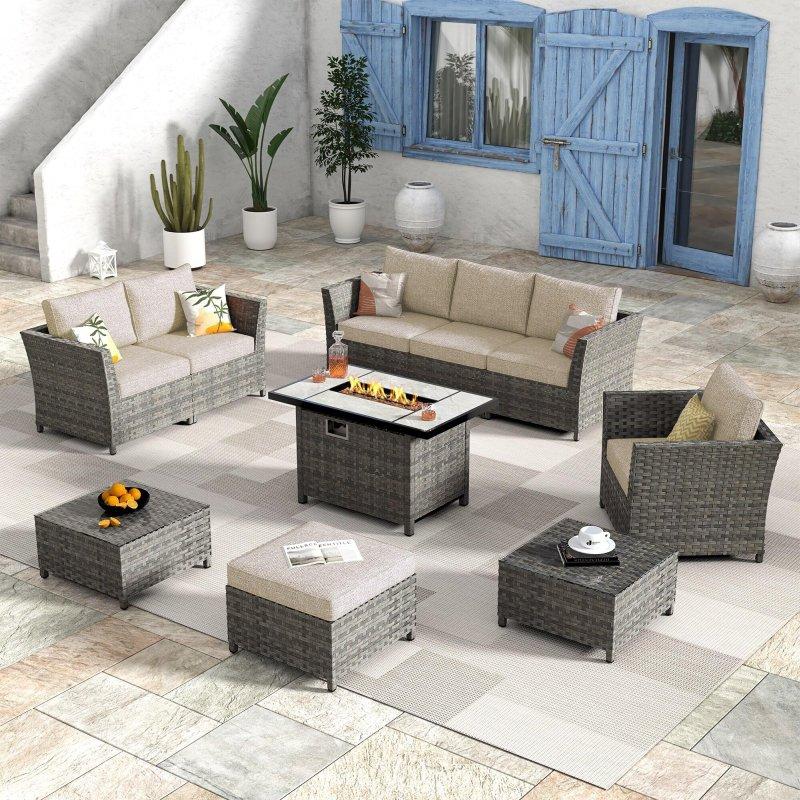 Gri Rattan Ateş Çukurlu 10 Parça Köşe Bahçe Takımı - 268997