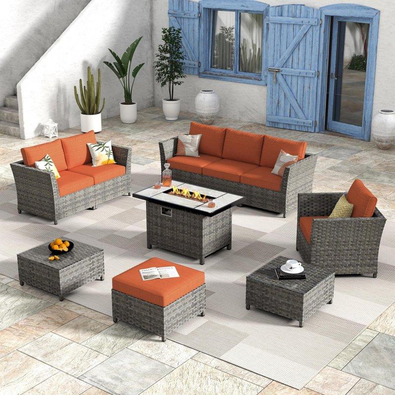 Gri Rattan Ateş Çukurlu 10 Parça Köşe Bahçe Takımı - 268997