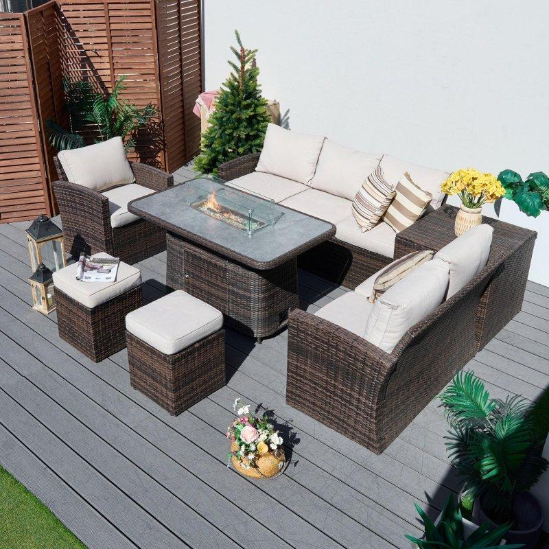Gri Rattan Ateş Çukurlu Masalı ve Depolama Kutulu 8 Kişilik 7 Parça Köşe Bahçe Takımı - 272666