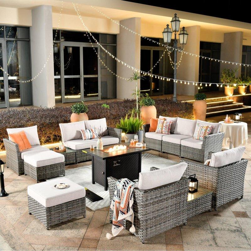 Gri Rattan Çelik Ateş Çukurlu Modüler 13 Parça Bahçe Takımı - 271576