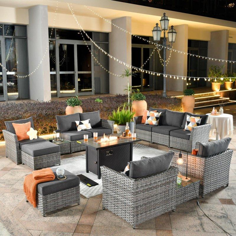 Gri Rattan Çelik Ateş Çukurlu Modüler 13 Parça Bahçe Takımı - 271576